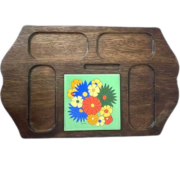 Vintage G.I. Japan Carved Hardwood Serving Tray Floral Tile Charcuterie Board - Picture 2 of 8
